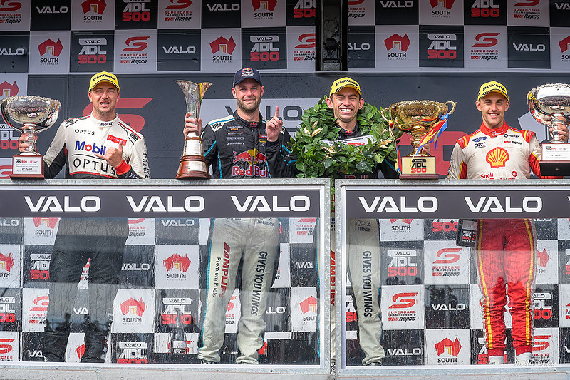 2022 Sunday podium. Broc Feeney (first), Chaz Mostert (second), Anton De Pasquale (third) & Shane van Gisbergen 2022 Superscars Champion.