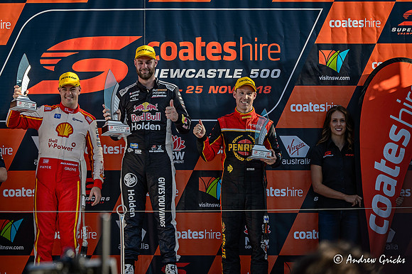 2018 Saturday Podium. Shane van Gisbergen, Scott McLaughlin & David Reynolds