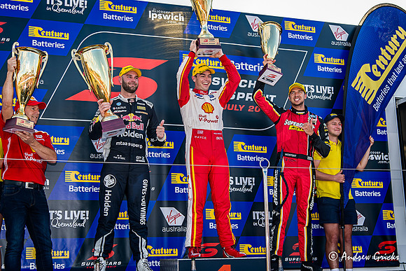 2019 Sunday Podium. Scott McLaughlin, Shane van Gisbergen & Chaz Mostert