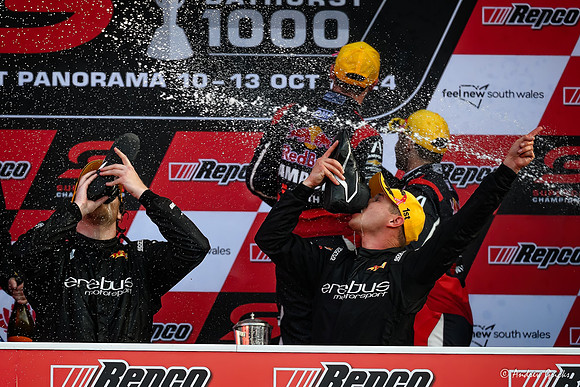 2024.2024 Bathurst 100 winners Brodie Kostecki & Todd Hazelwood celebrate with a "shoeie"