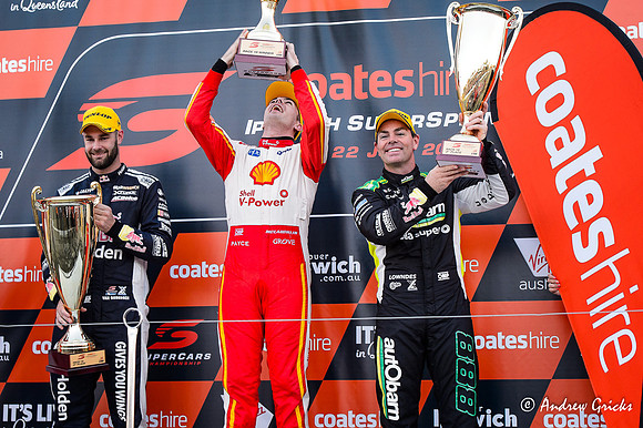 2018 Saturday Podium. Scott McLaughlin, Shane van Gisbergen & Craig Lowndes
