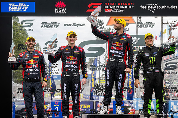 2023 Saturday podium. Shane van Gisbergen (first), Broc Feeney (second) & Cam Waters (third).