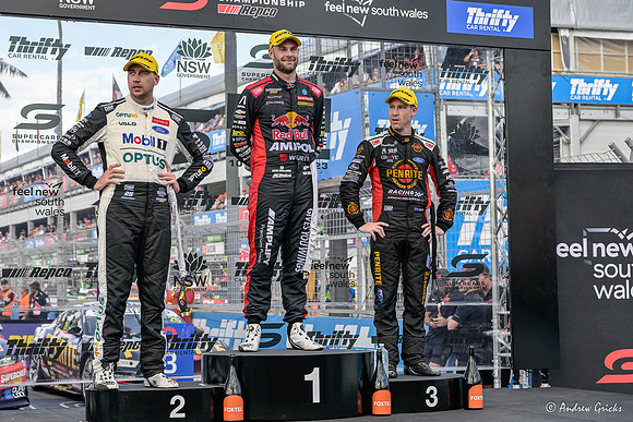 2023 Sunday podium. Shane van Gisbergen (first), Chaz Mostert (second) and David Reynolds (third).