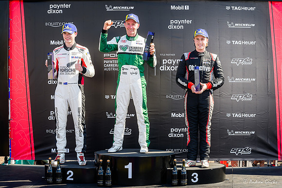 2023. Porsche Carrera Cup podium. Dale Wood(first), Callum Hedge(second) and Jackson Walls (third). Woody won all three races of the weekend.