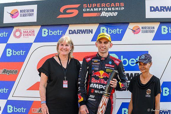 2024 NT Chief Minister Eva Lawler & aboriginal elder on the podium with winner Broc Feeney